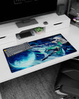 32x16 inches mouse pad featuring silver-haired anime swordswoman under a full moon, blade streaking water energy.