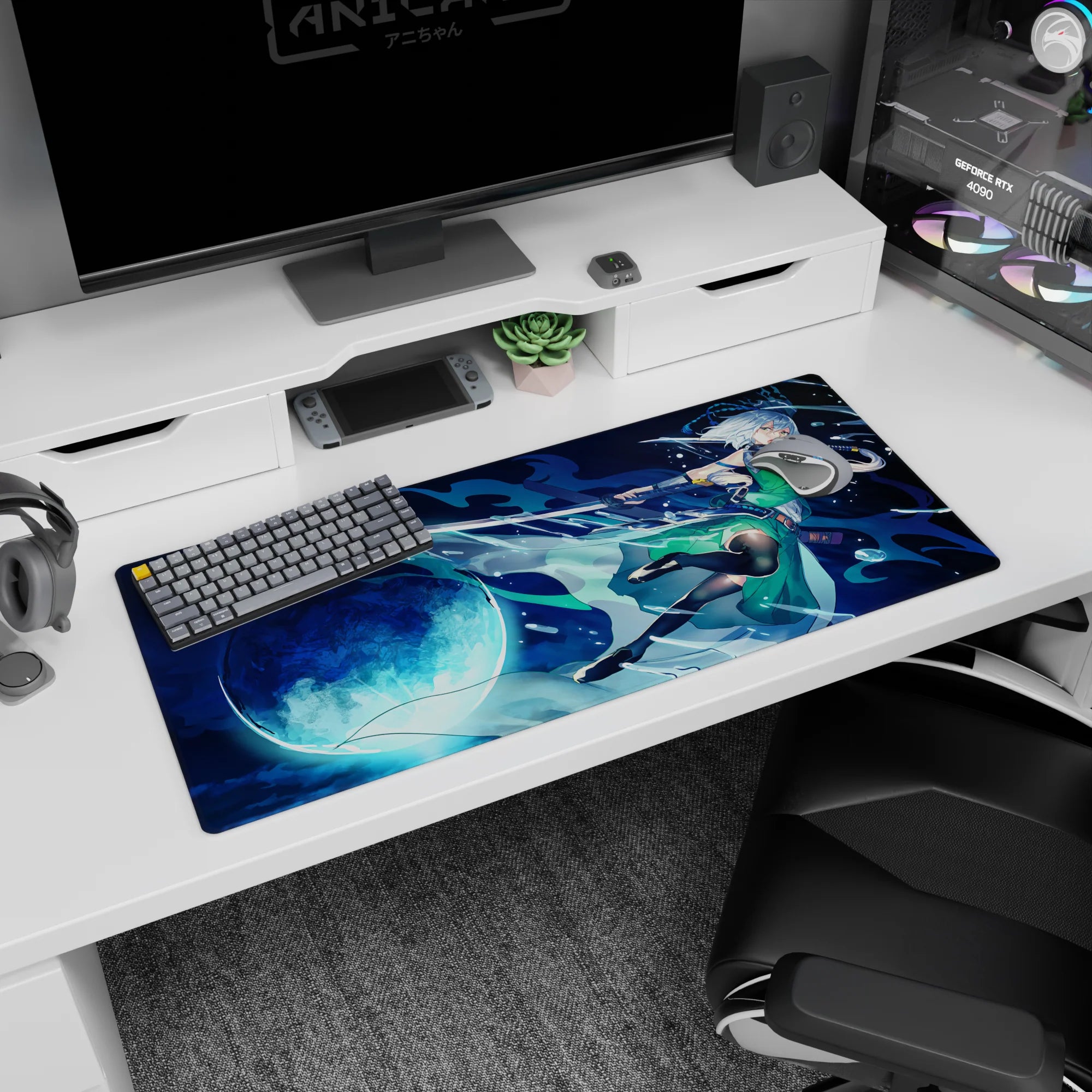 Silver-haired anime swordswoman under a full moon, water-like blade trail on a 36x16 inches desk pad.