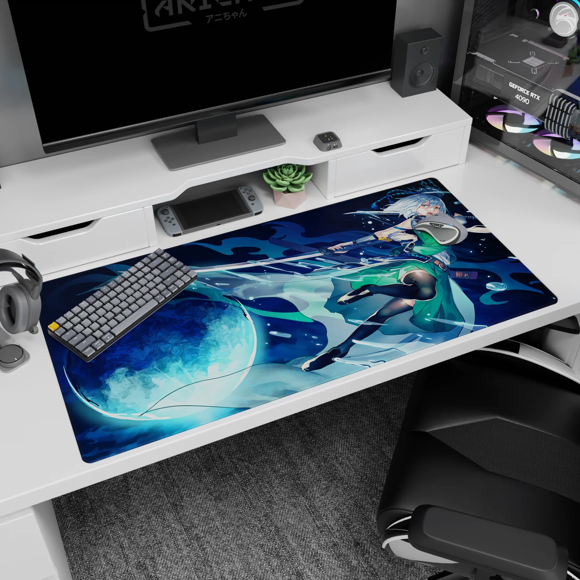 Silver-haired anime swordswoman desk pad 40x20 inches slashing beneath a bright full moon.
