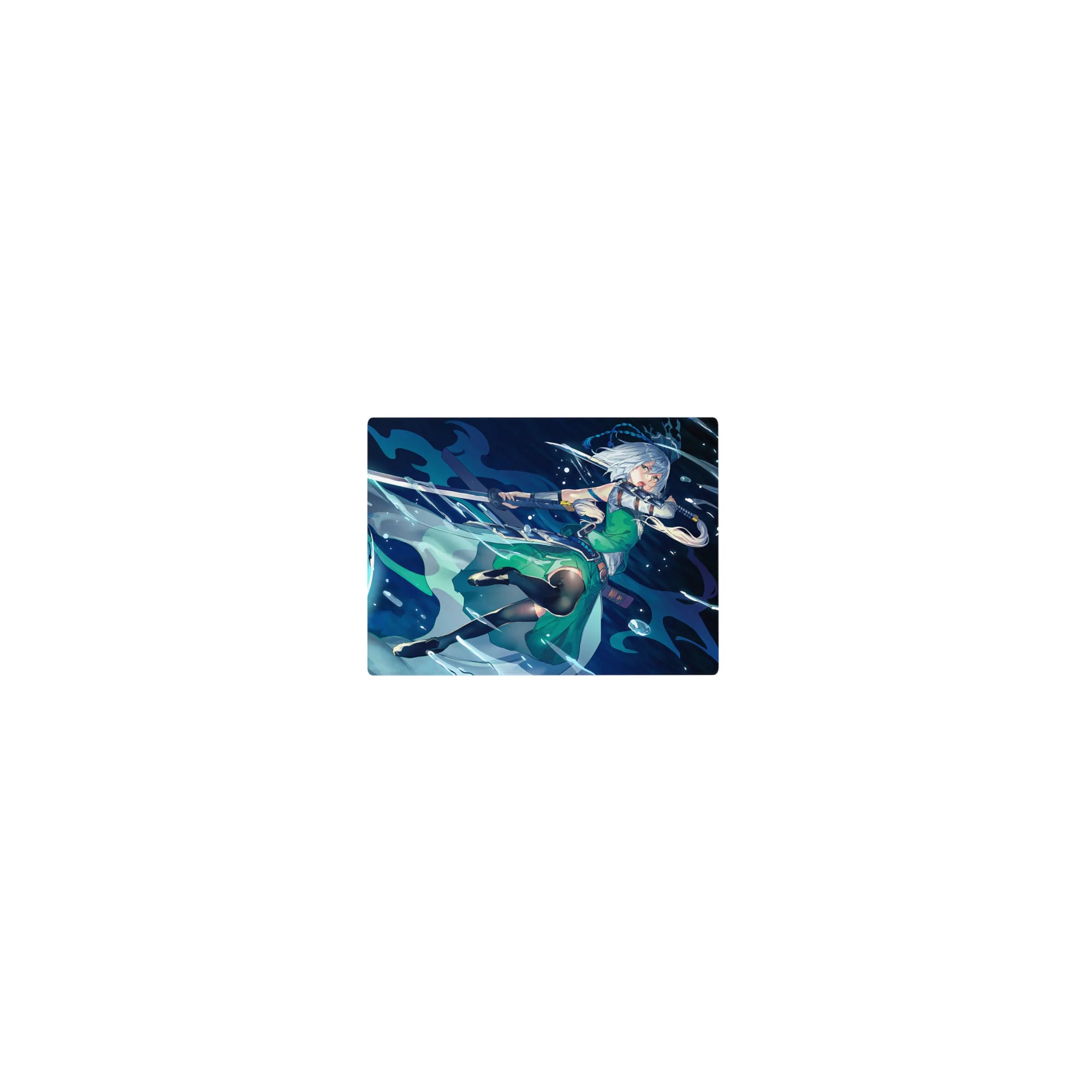 Classic anime girl mouse pad 14x10 inches with moonlit sword magic and aqua energy trails.
