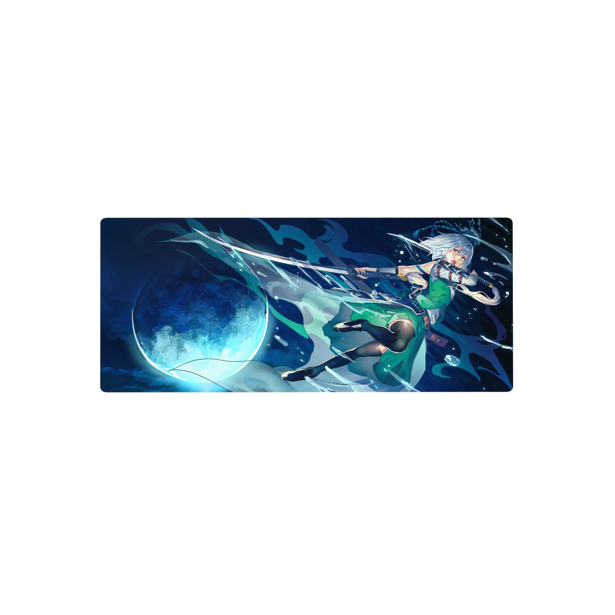 28x12 inches anime girl mouse pad with moonlit sword magic, aqua energy trails, and green dress artwork.