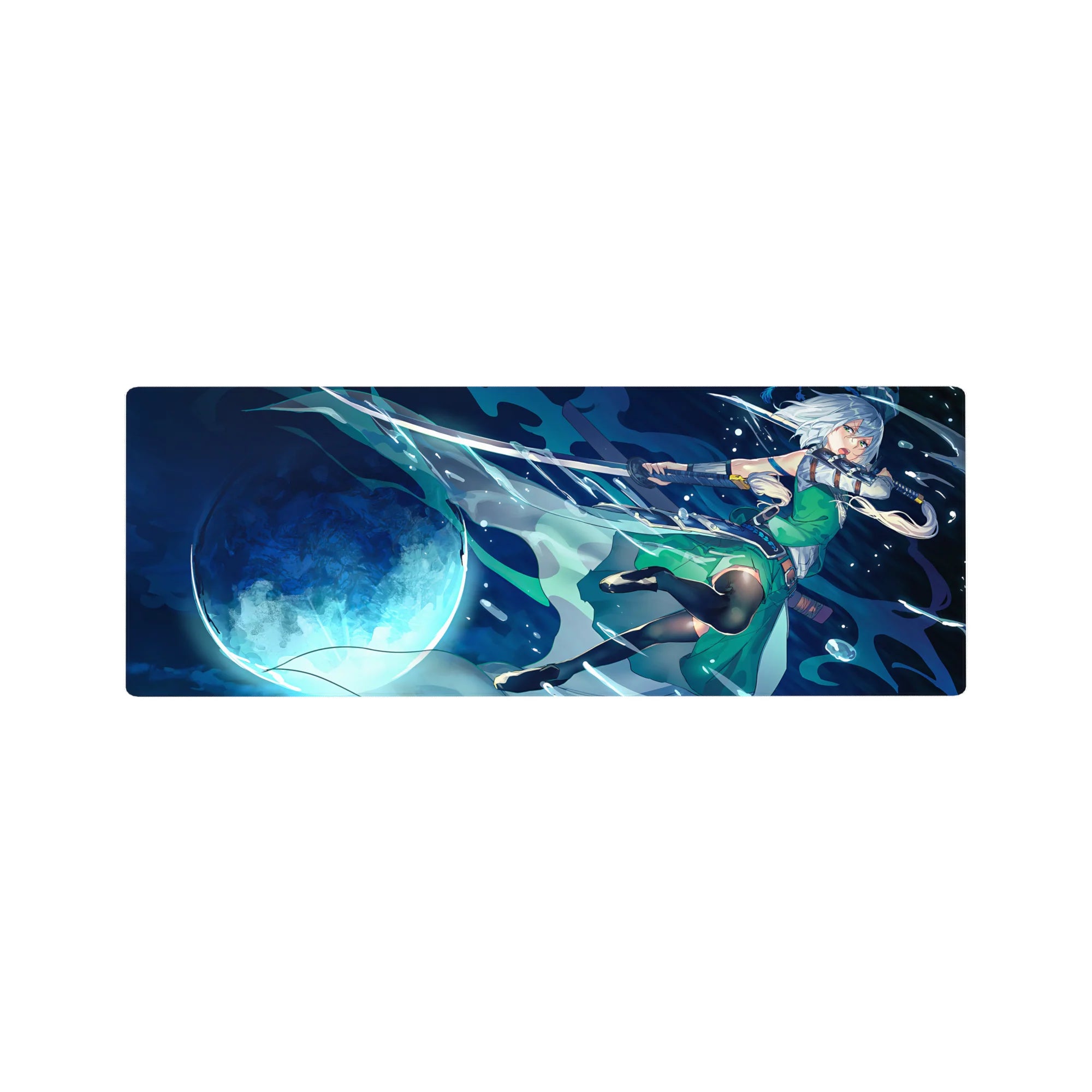 32x12 inches anime girl mouse pad with moonlit sword magic, green dress, silver hair, and energy trails.
