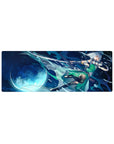 32x12 inches anime girl mouse pad with moonlit sword magic, green dress, silver hair, and energy trails.