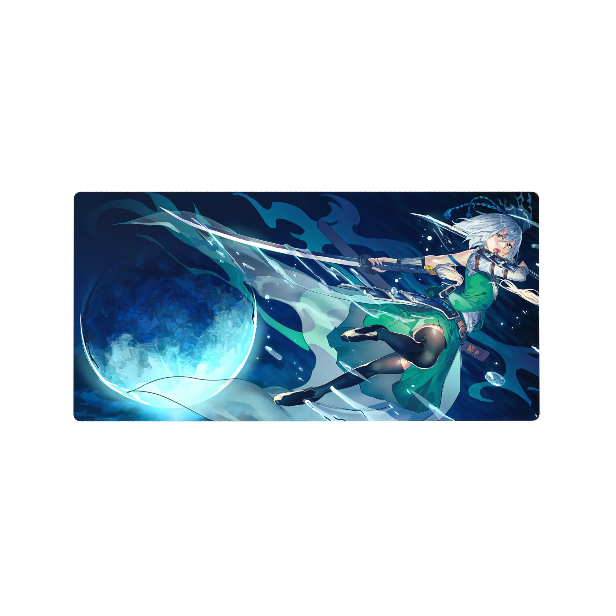 32x16 inches anime girl mouse pad with moonlit sword magic, aqua energy trails, and green dress warrior.