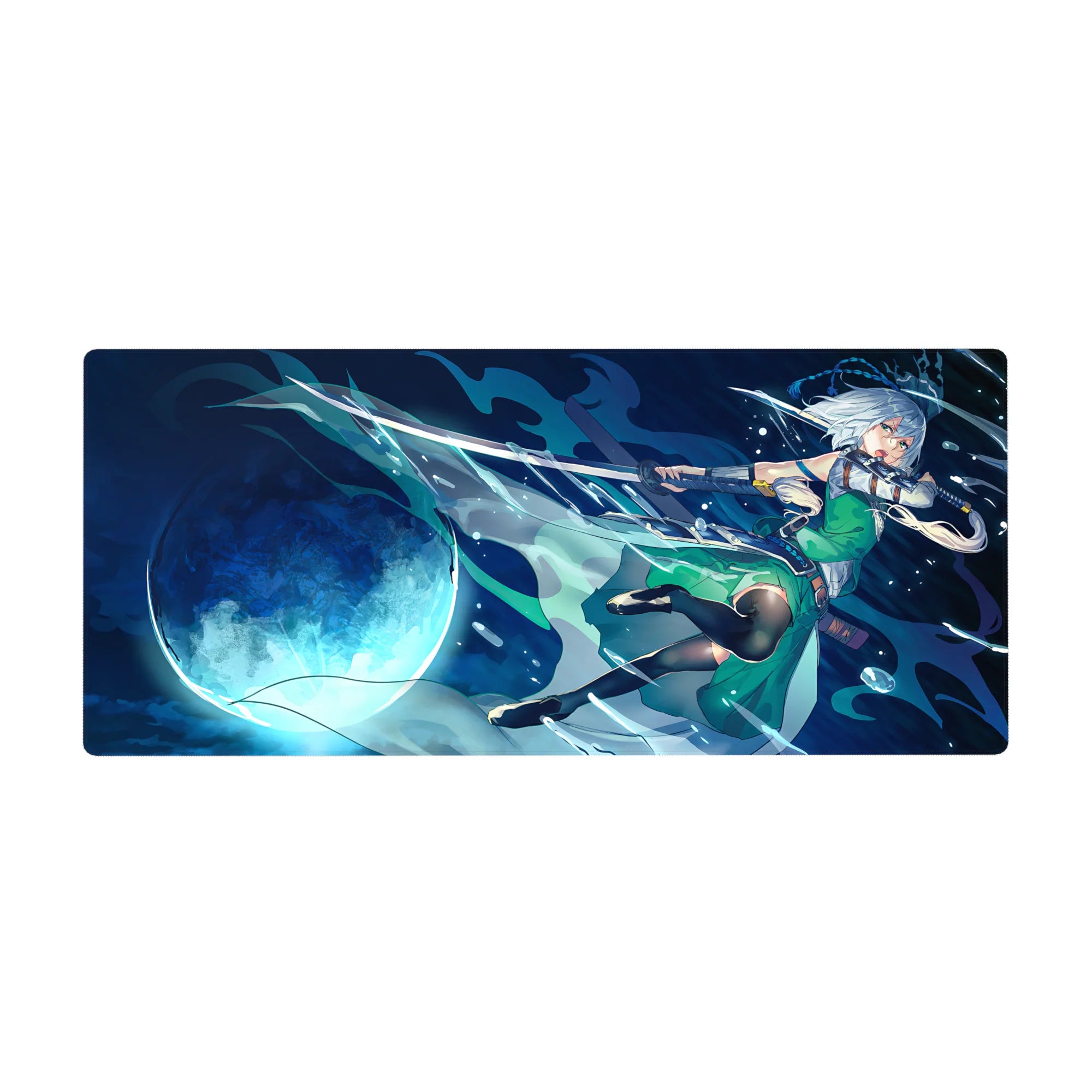 Anime girl desk pad 36x16 inches with moonlit sword magic, swirling water energy, and green dress art.