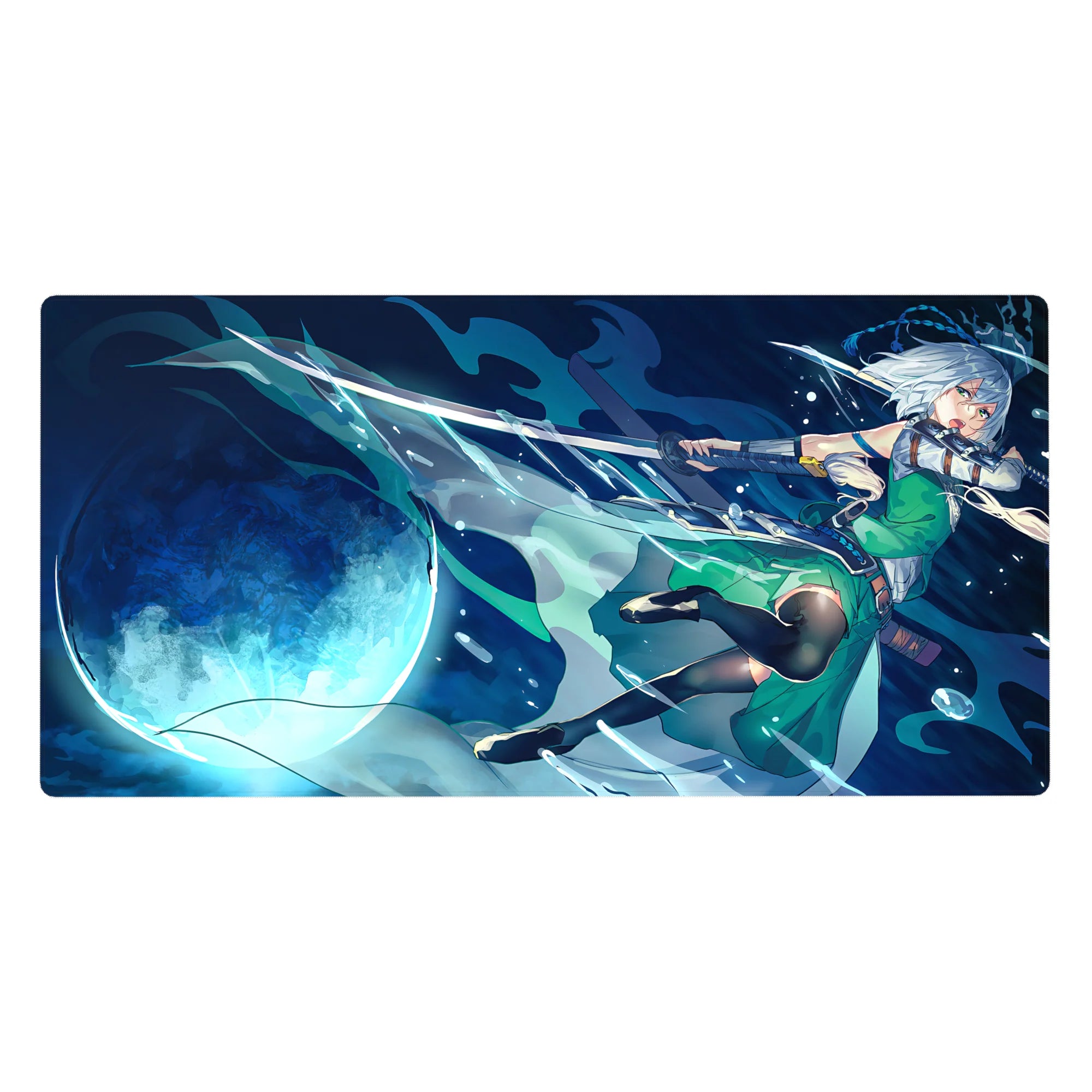 Anime girl desk pad 40x20 inches with moonlit sword magic, aqua energy trails, and a green dress.