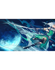 Anime girl desk pad 40x20 inches with moonlit sword magic, aqua energy trails, and a green dress.