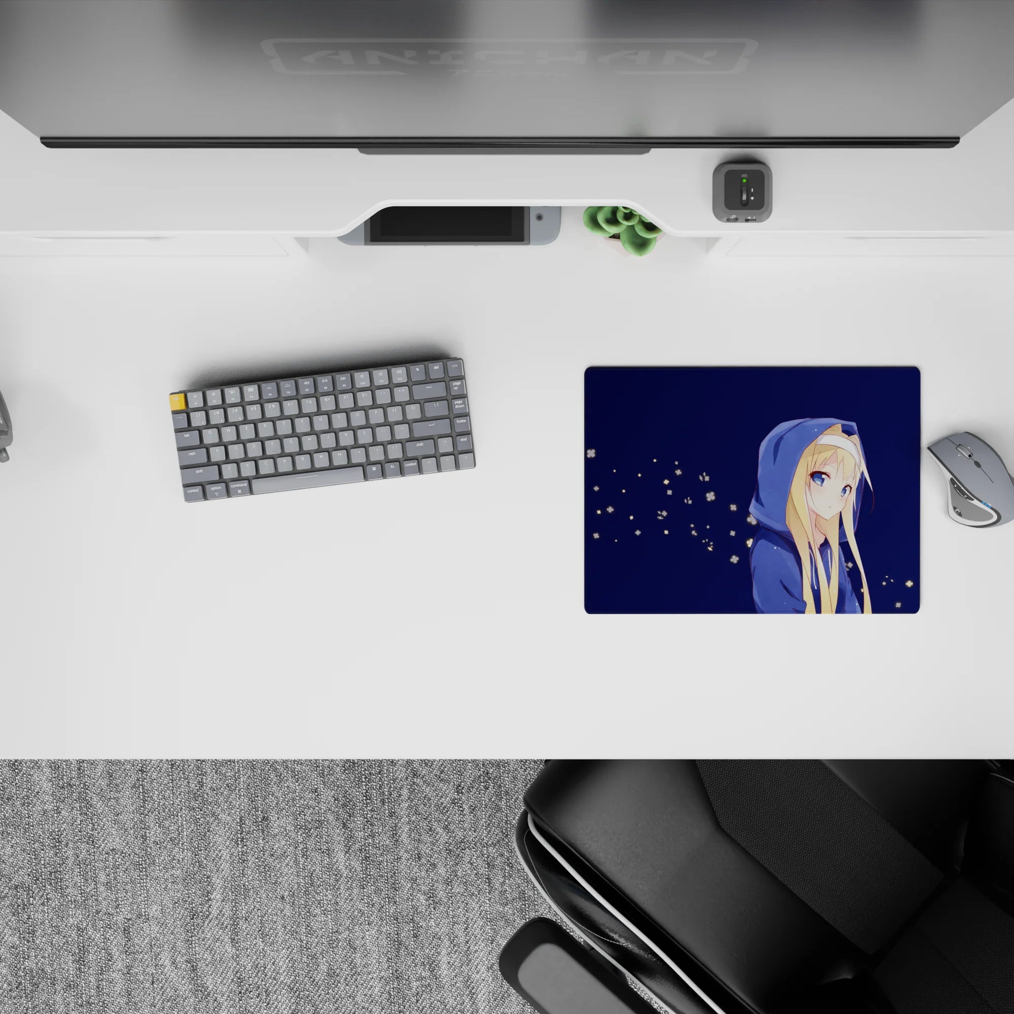 Midnight blue anime mouse pad 14x10 inches with soft, cozy vibe and tiny glowing flower specks.