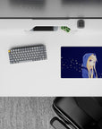 Midnight blue anime mouse pad 14x10 inches with soft, cozy vibe and tiny glowing flower specks.