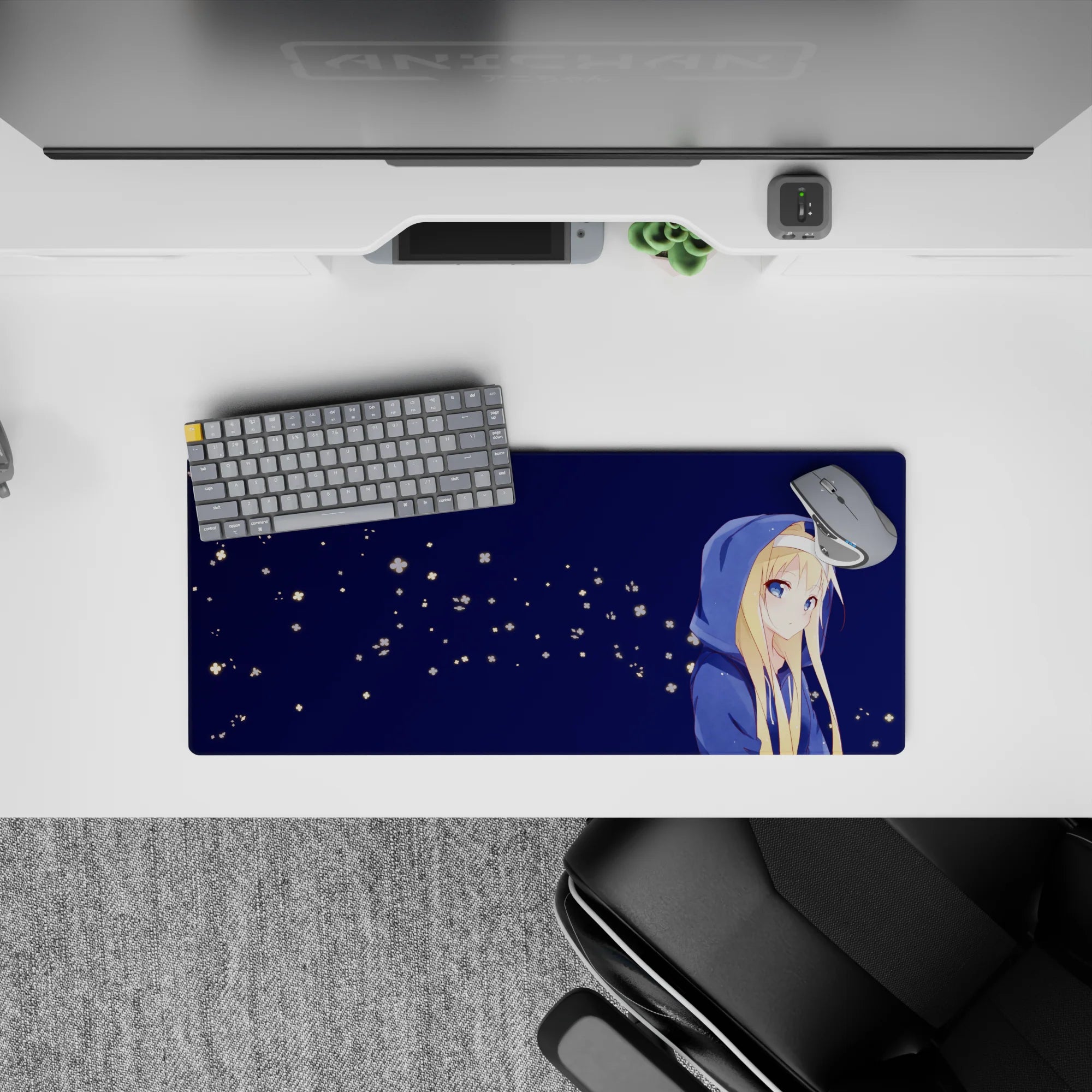 28x12 inches desk mouse pad in soft midnight blues with calm firefly-like flower specks, cozy vibe.