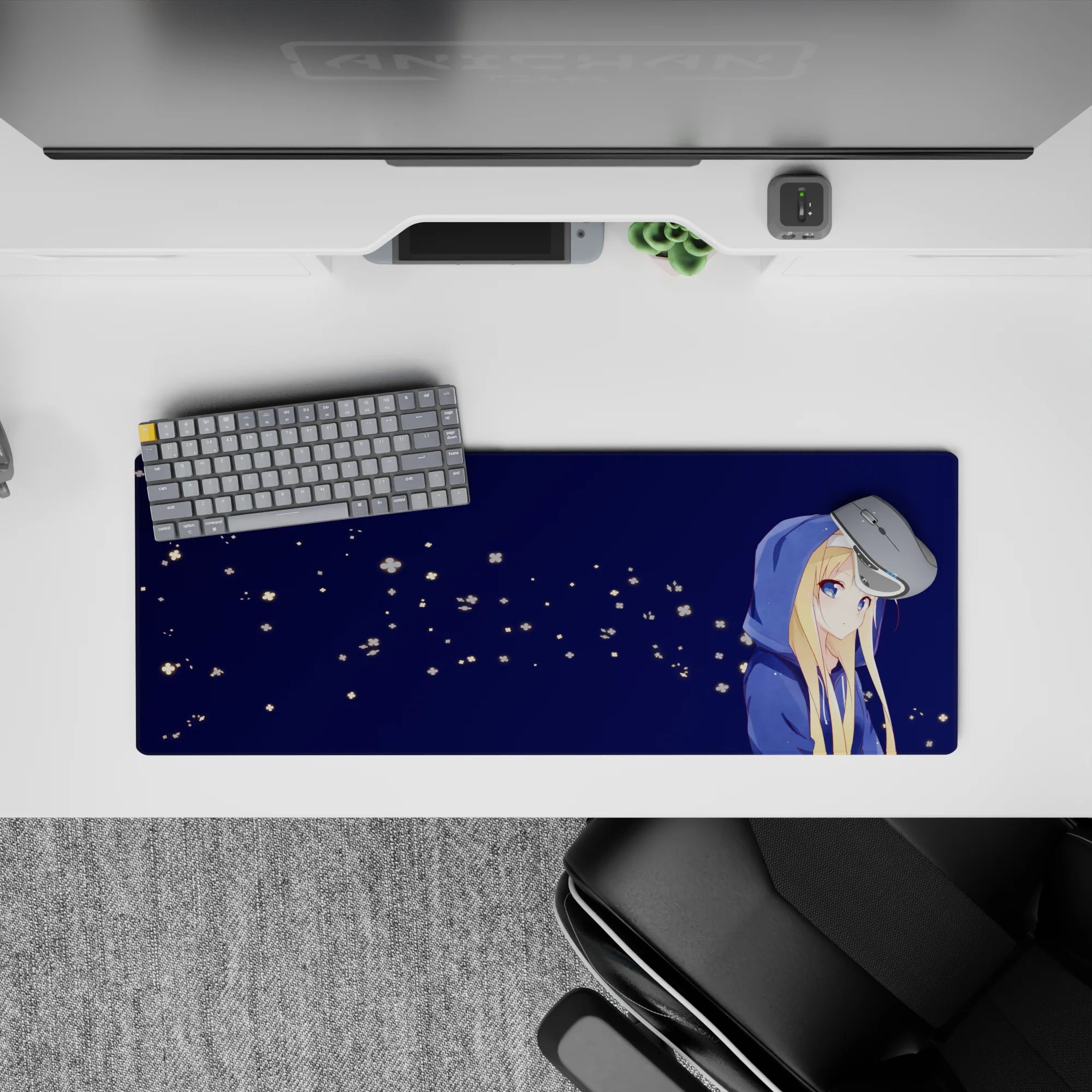 32x12 inches anime desk mat in soft midnight blues, calm cozy vibe with tiny firefly-like blooms.