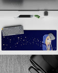 32x12 inches anime desk mat in soft midnight blues, calm cozy vibe with tiny firefly-like blooms.