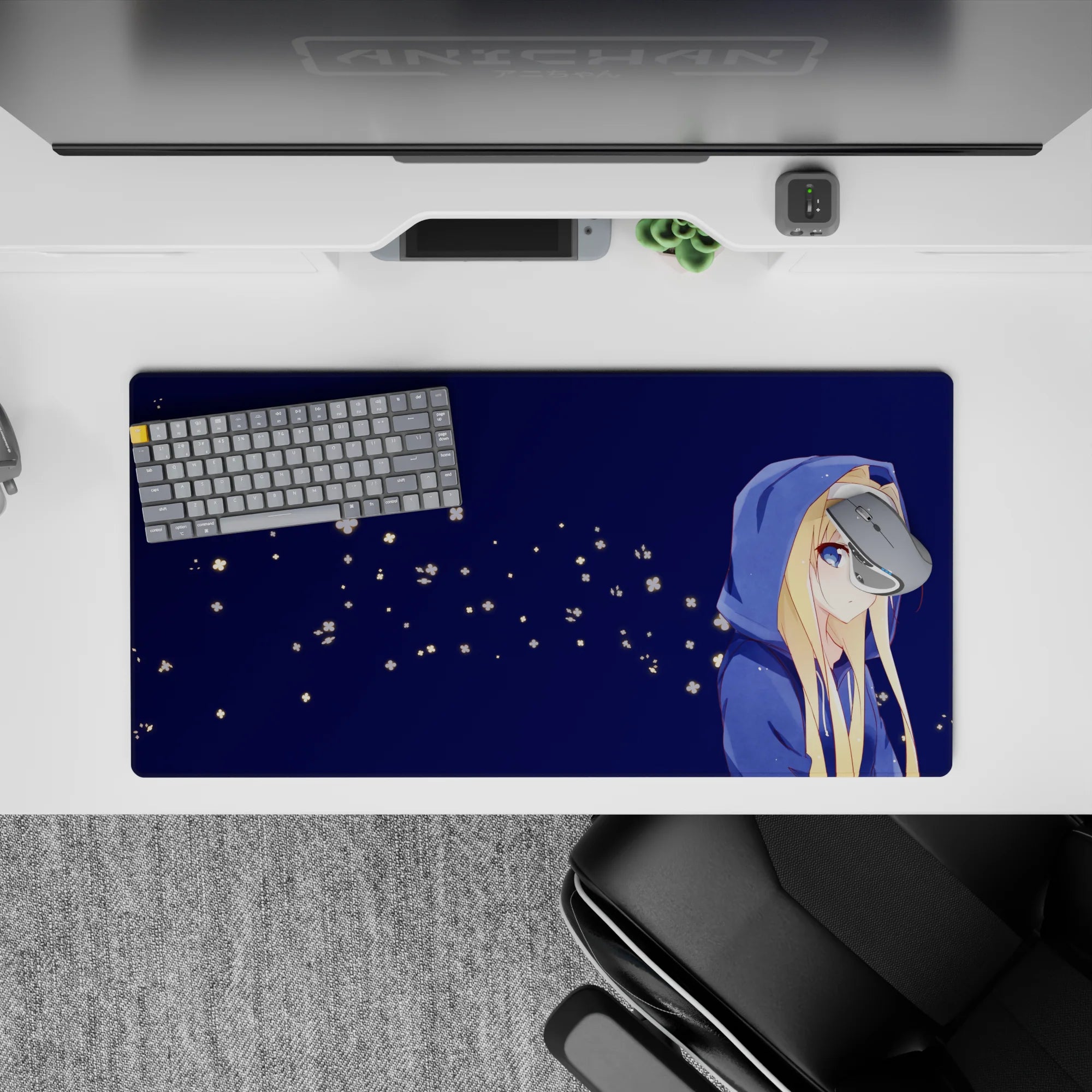 32x16 inches anime mouse pad in soft midnight blues with calm cozy vibe and tiny glowing flower specks.
