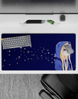 32x16 inches anime mouse pad in soft midnight blues with calm cozy vibe and tiny glowing flower specks.