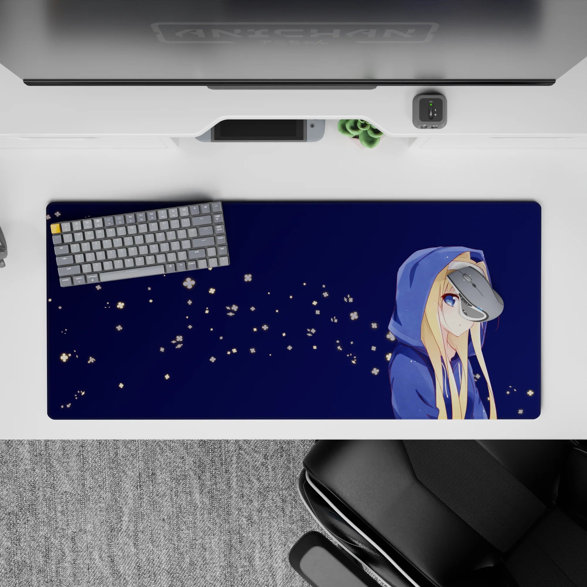 Calm midnight blue 36x16 inches anime desk mat with soft glow flower specks for a cozy setup.