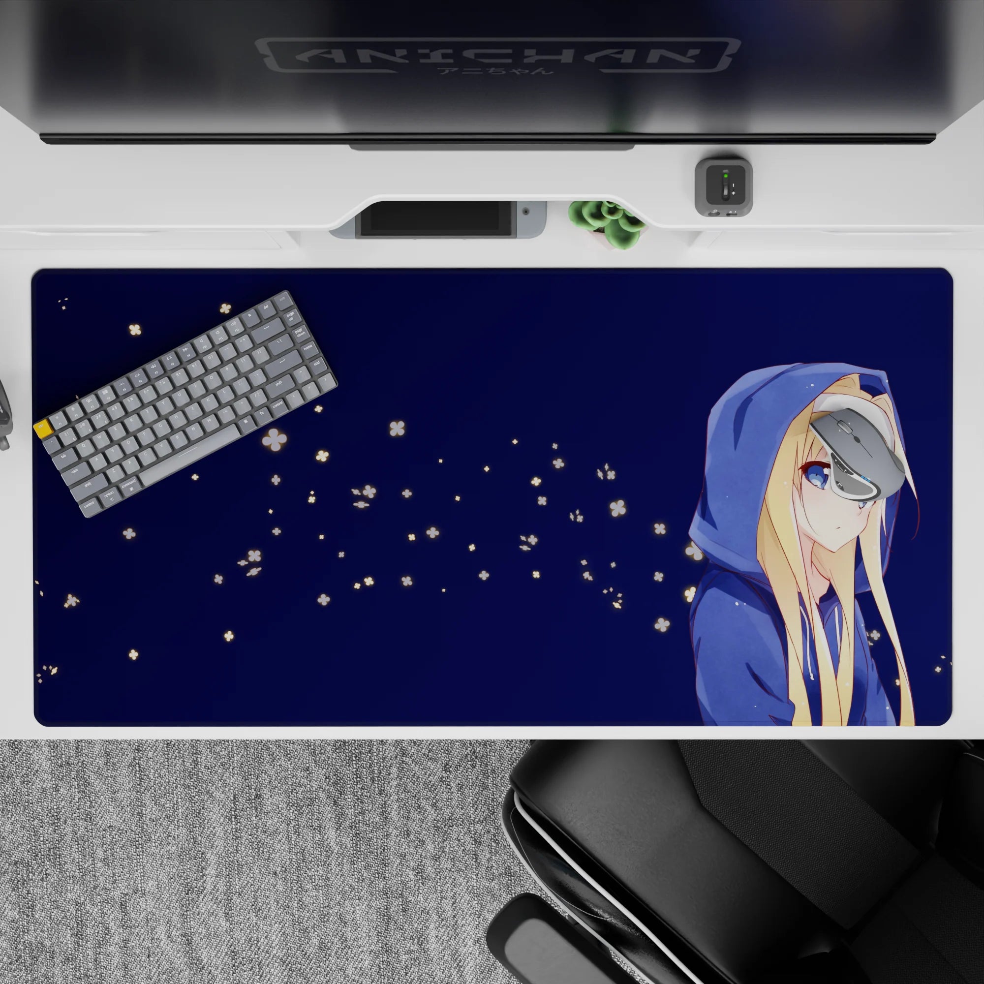 Midnight blue 40x20 inches anime desk pad, calm cozy palette with tiny glowing floral dots like fireflies.