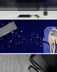 Midnight blue 40x20 inches anime desk pad, calm cozy palette with tiny glowing floral dots like fireflies.