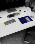 Blonde anime girl in oversized blue hoodie, shy sideways glance, mouse pad 14x10 inches.