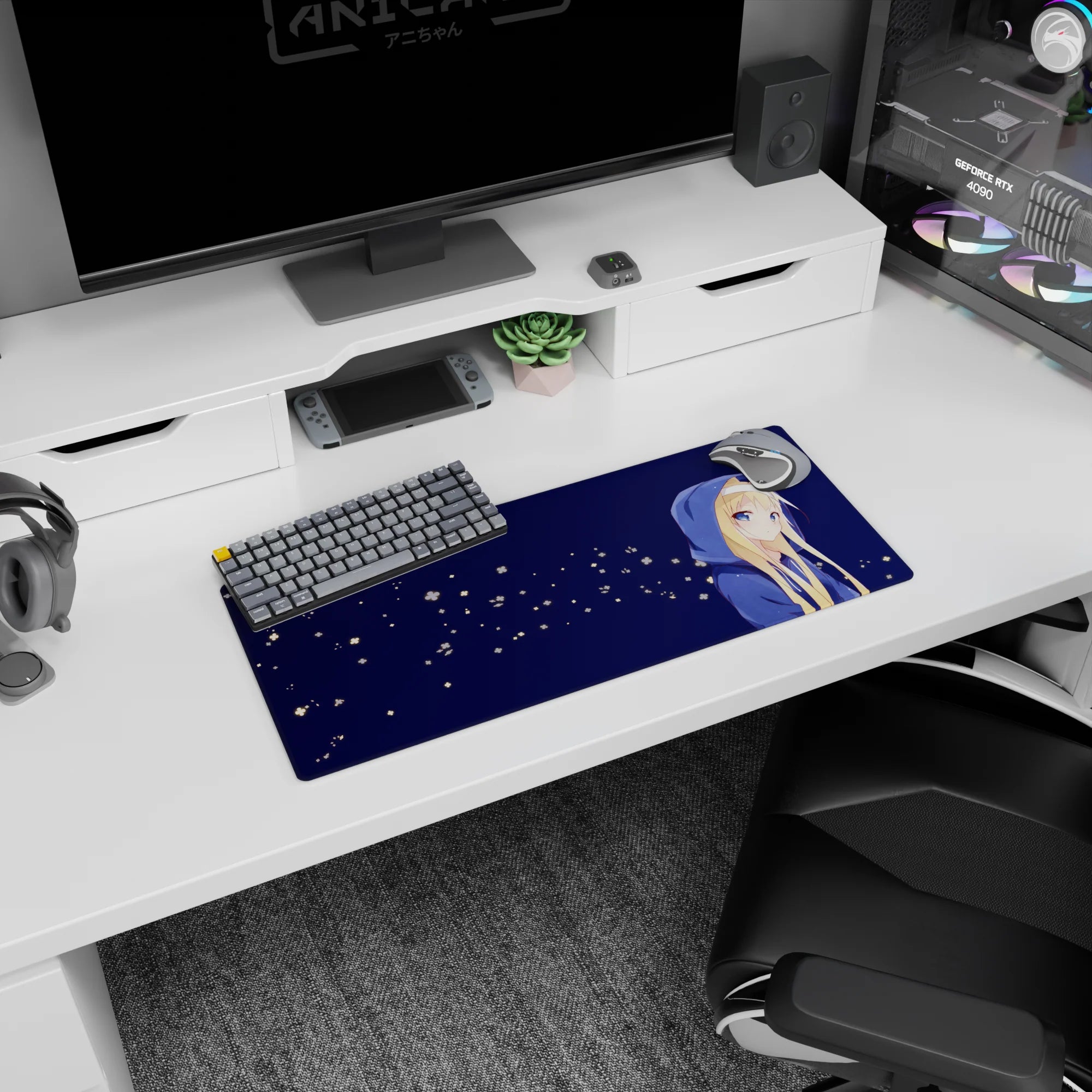 28x12 inches anime mouse pad featuring a shy blonde girl in oversized blue hoodie looking sideways at night.