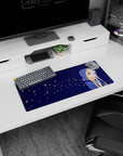 28x12 inches anime mouse pad featuring a shy blonde girl in oversized blue hoodie looking sideways at night.