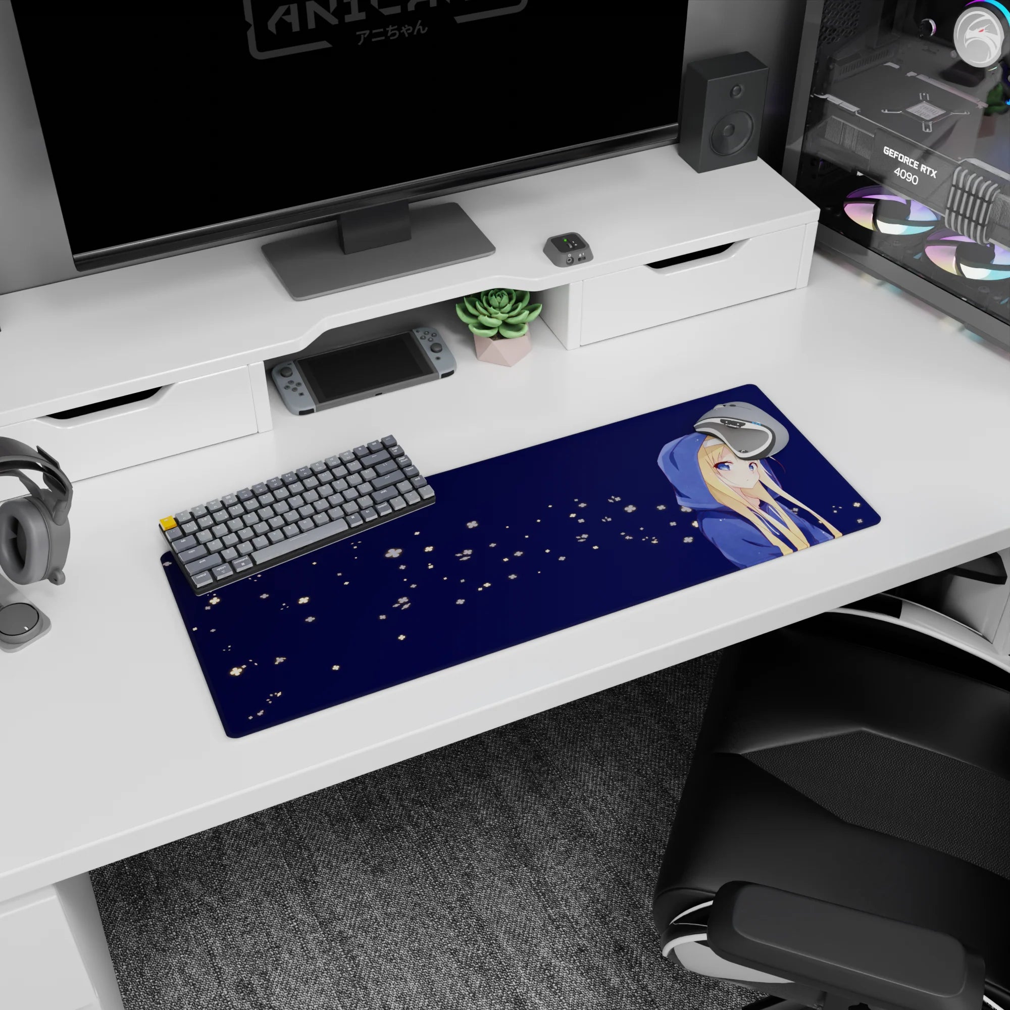 32x12 inches mouse pad showing a shy blonde anime girl in oversized blue hoodie, looking sideways at night.