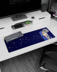 32x12 inches mouse pad showing a shy blonde anime girl in oversized blue hoodie, looking sideways at night.