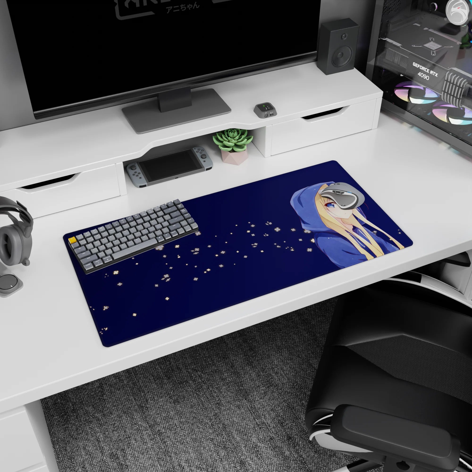 32x16 inches anime girl mouse pad showing shy blonde in oversized blue hoodie looking aside like late-night company.