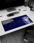 32x16 inches anime girl mouse pad showing shy blonde in oversized blue hoodie looking aside like late-night company.