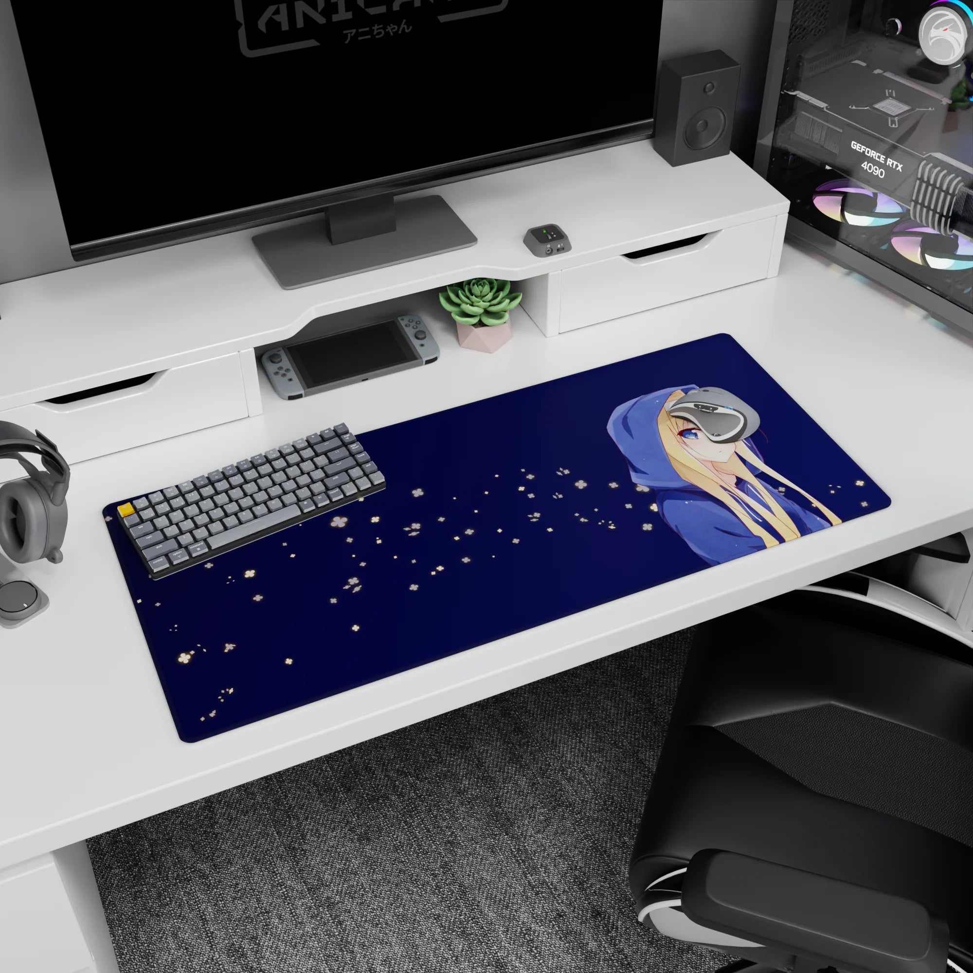 Blonde anime girl in oversized blue hoodie looking aside on 36x16 inches desk pad with firefly specks.