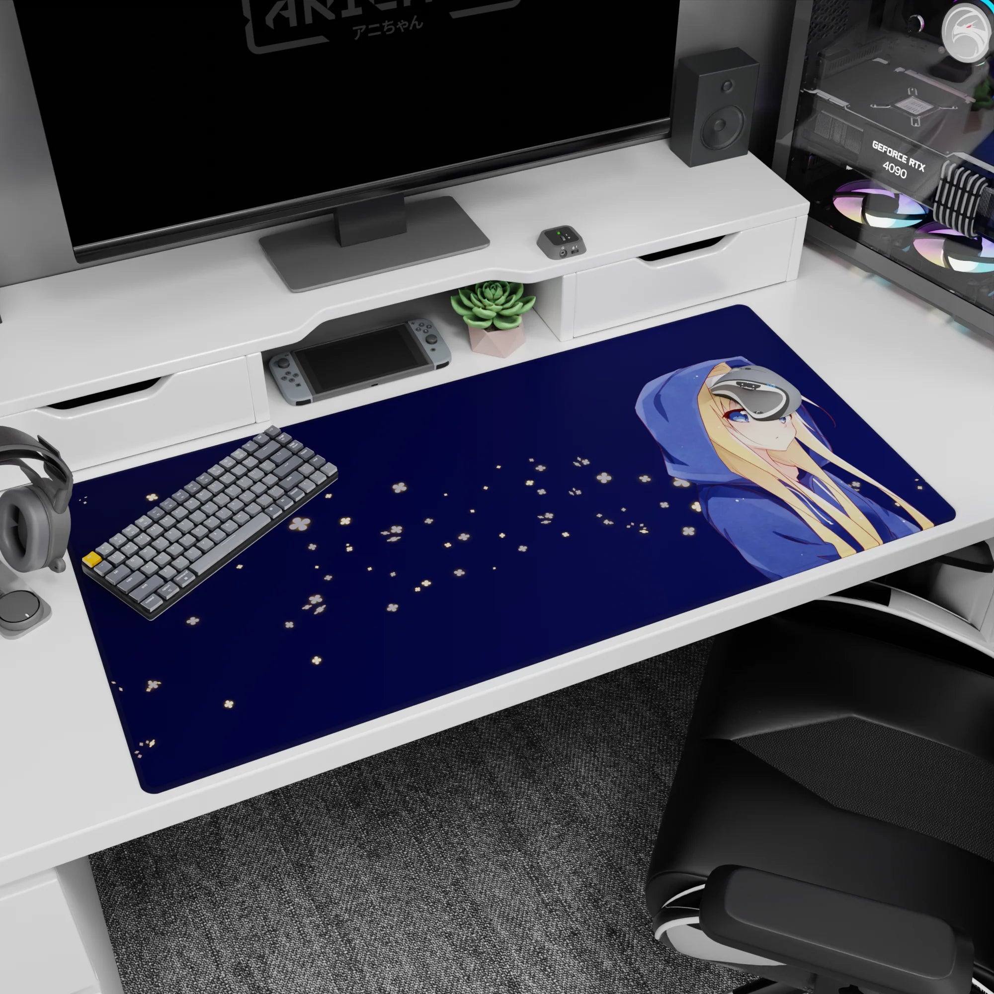 Blonde anime girl in oversized blue hoodie, shy side glance on 40x20 inches desk pad with starry specks.