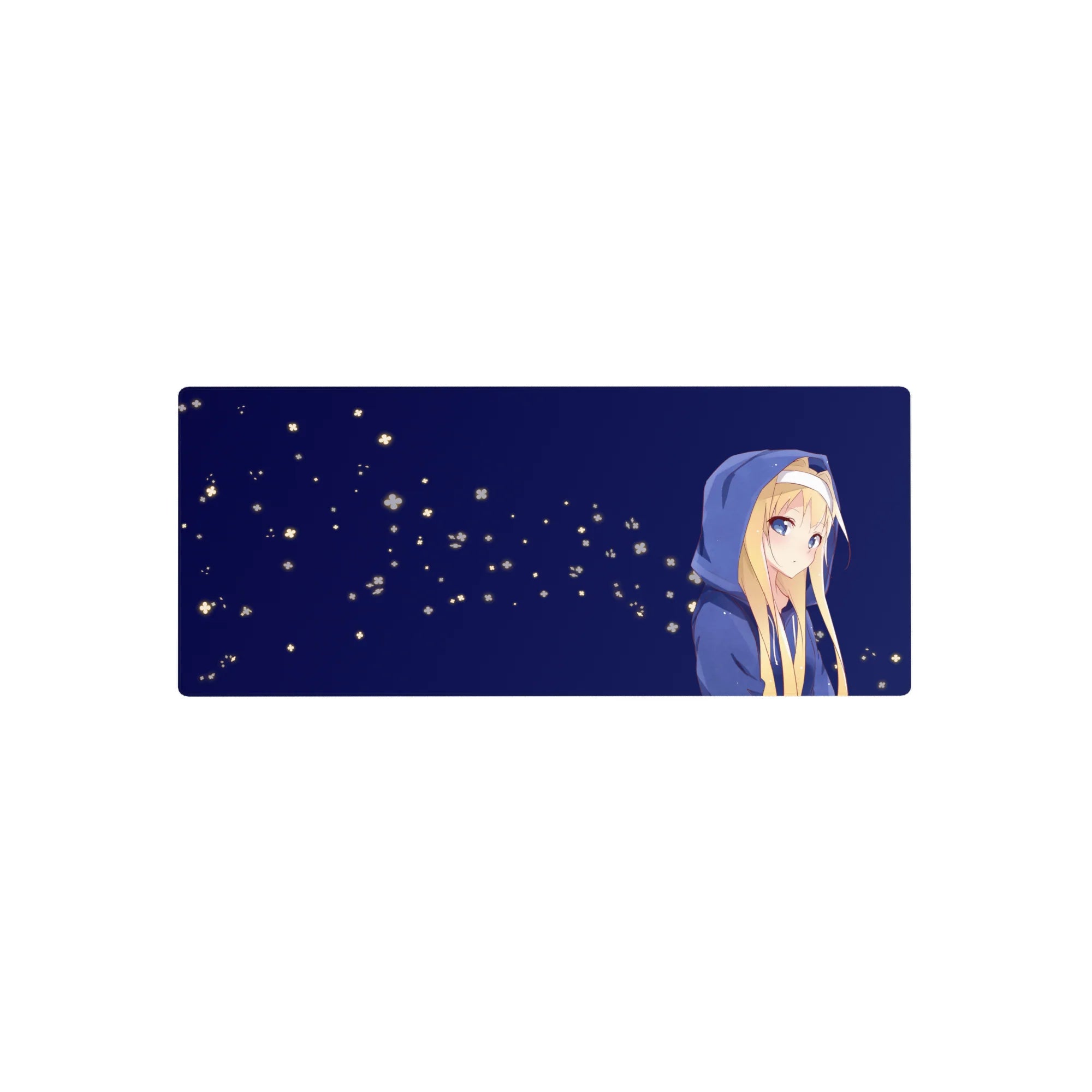 28x12 inches anime girl mouse pad with blonde hoodie girl on midnight blue background and glowing specks.