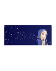 28x12 inches anime girl mouse pad with blonde hoodie girl on midnight blue background and glowing specks.