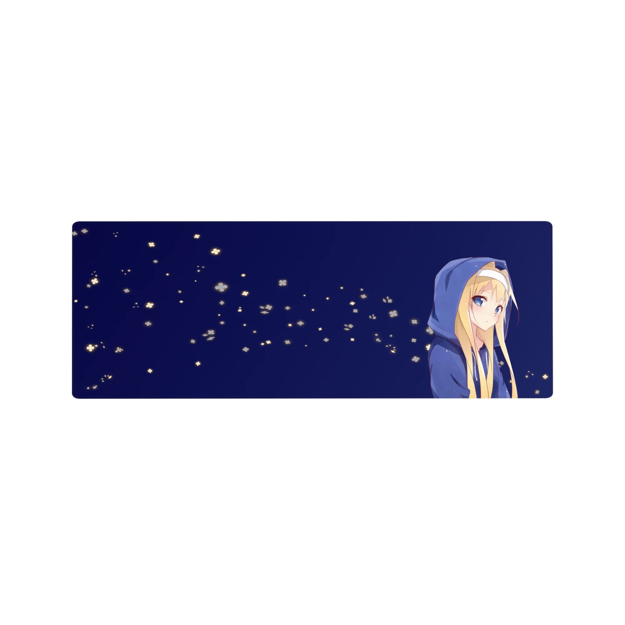 32x12 inches anime girl mouse pad with blonde hoodie girl and glowing flower specks on midnight blue.