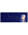 32x12 inches anime girl mouse pad with blonde hoodie girl and glowing flower specks on midnight blue.