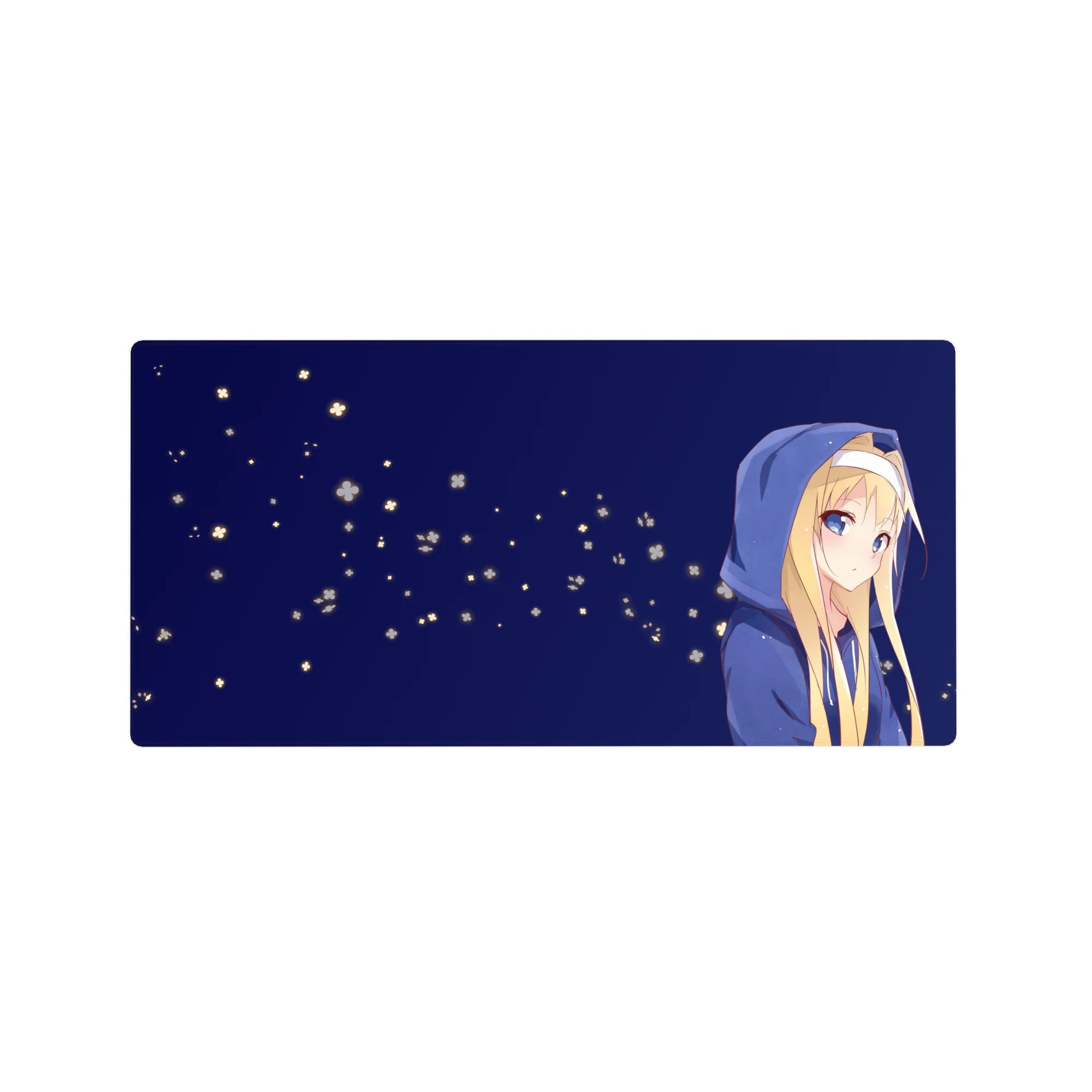 32x16 inches anime girl mouse pad with blonde girl in blue hoodie on midnight blue minimalist background.