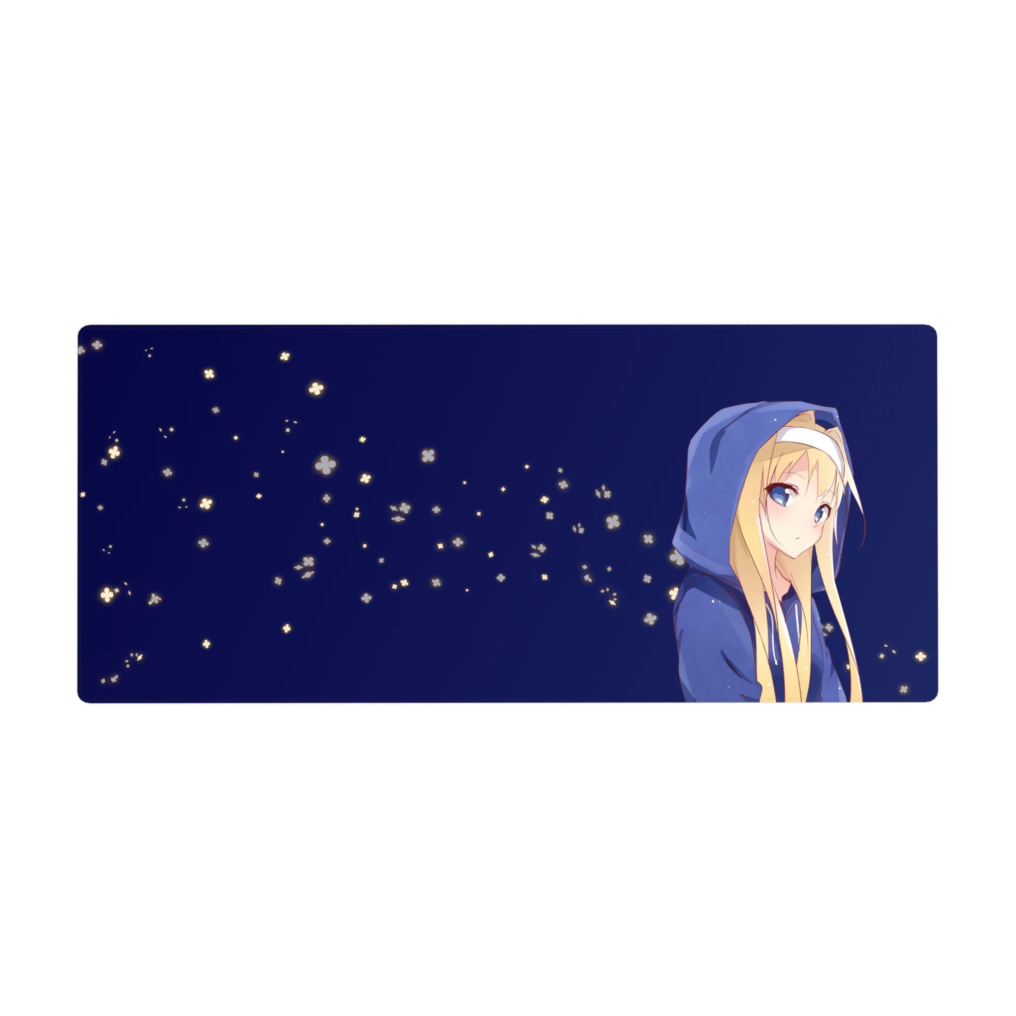 Anime girl desk pad 36x16 inches with blonde in blue hoodie on minimalist midnight-blue background.