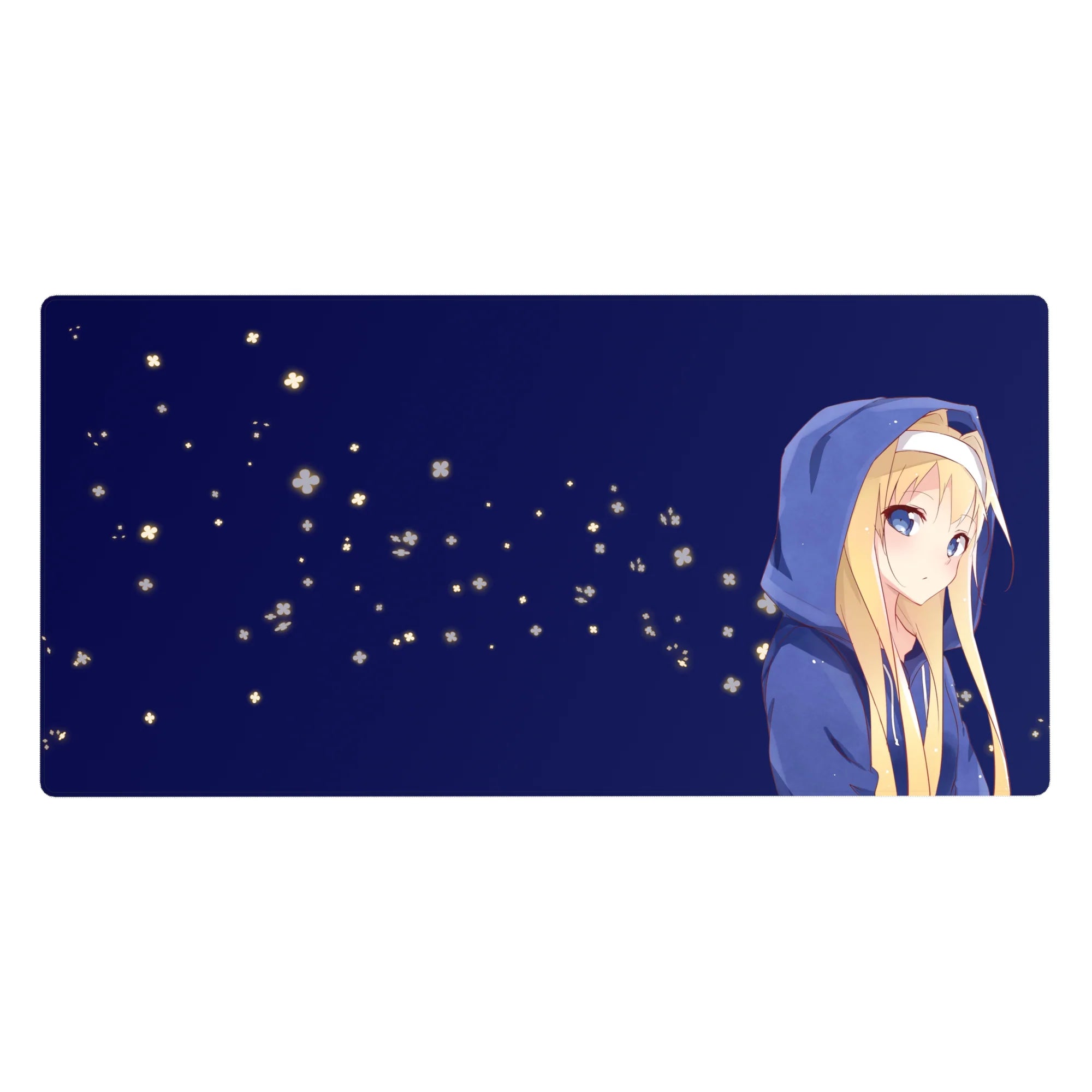 Anime girl desk pad 40x20 inches with blonde in blue hoodie, clean negative space and flower specks.