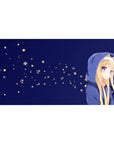 Anime girl desk pad 40x20 inches with blonde in blue hoodie, clean negative space and flower specks.