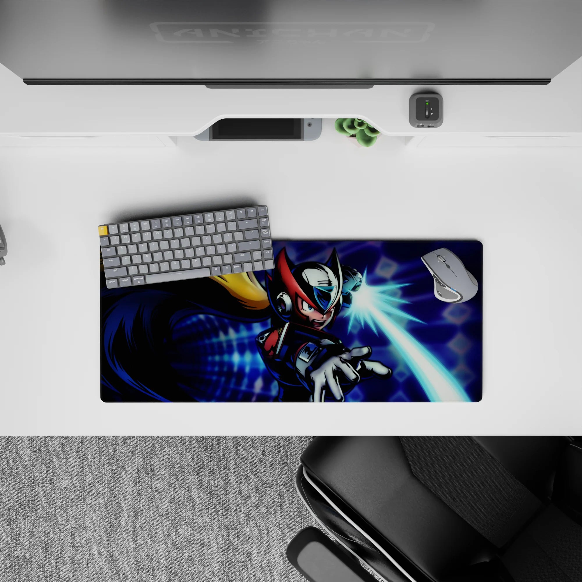 28x12 inches anime mouse pad in neon blue and cyan glow, high-contrast arcade energy and motion lines.