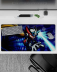 Arcade-style anime mouse pad 32x16 inches in red-black and neon blue, high-contrast motion lines.