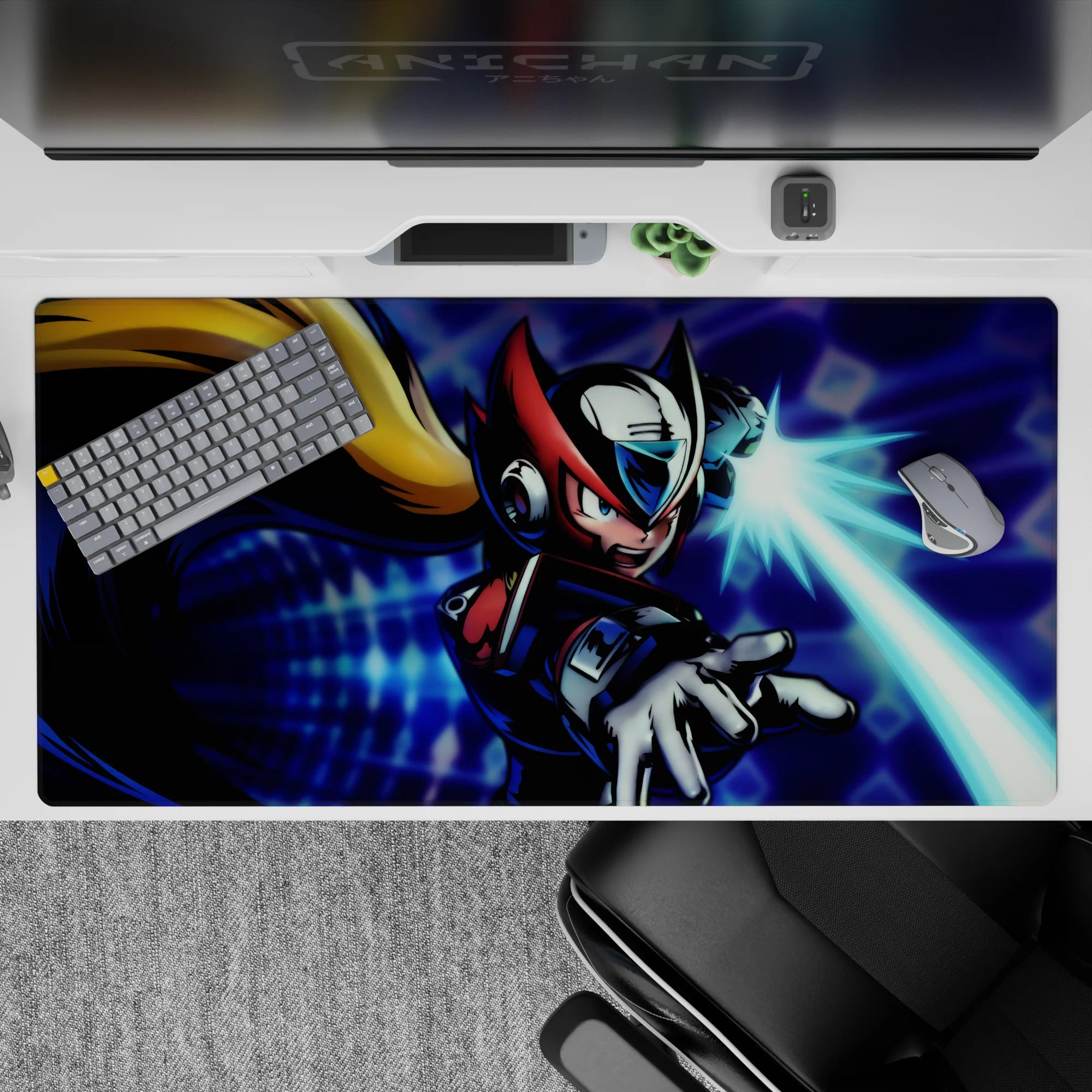 40x20 inches anime mouse pad in neon blue, cyan beam glow, high-contrast arcade action vibe.