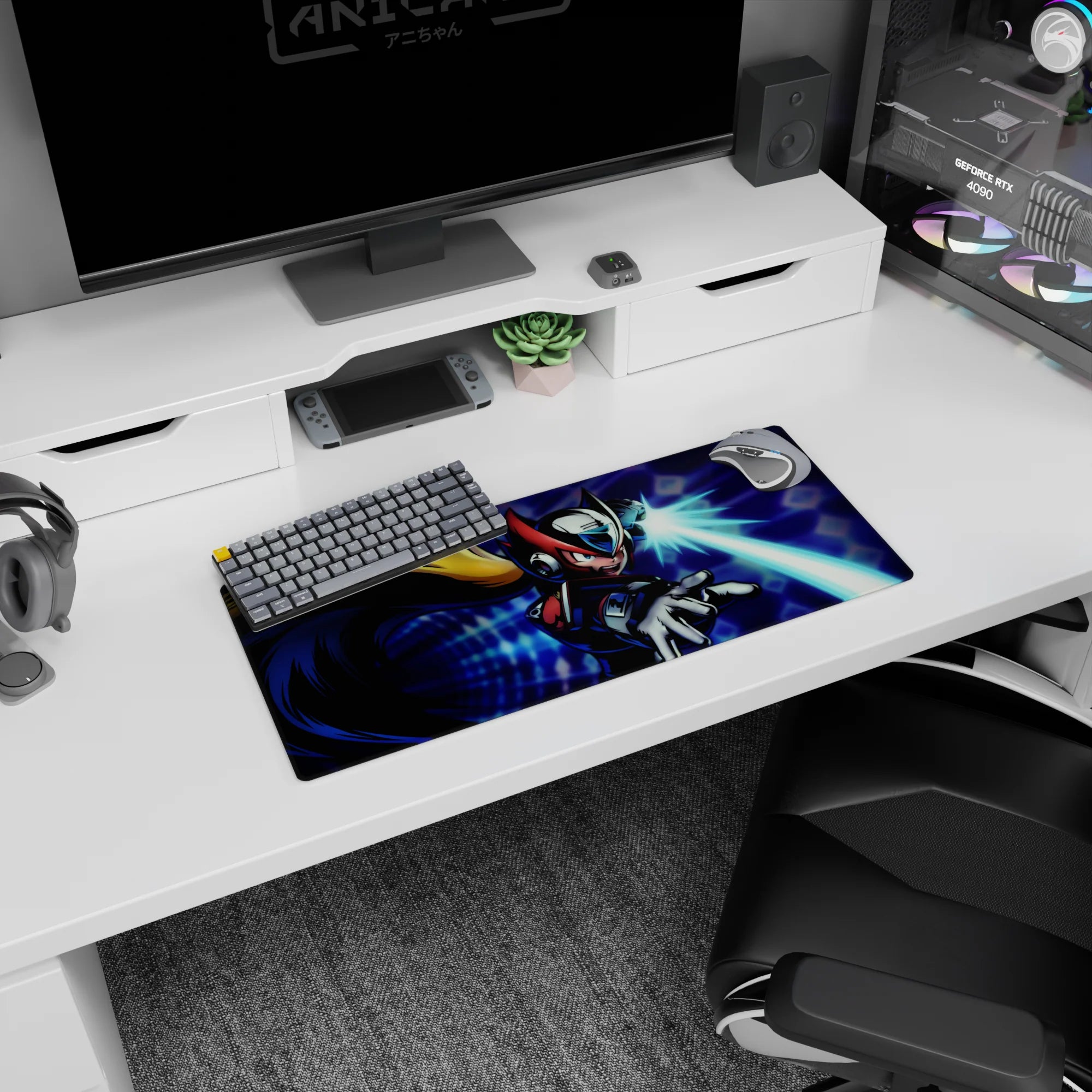 28x12 inches anime mouse pad showing Zero’s blond ponytail whipping as his arm cannon fires a cyan beam.