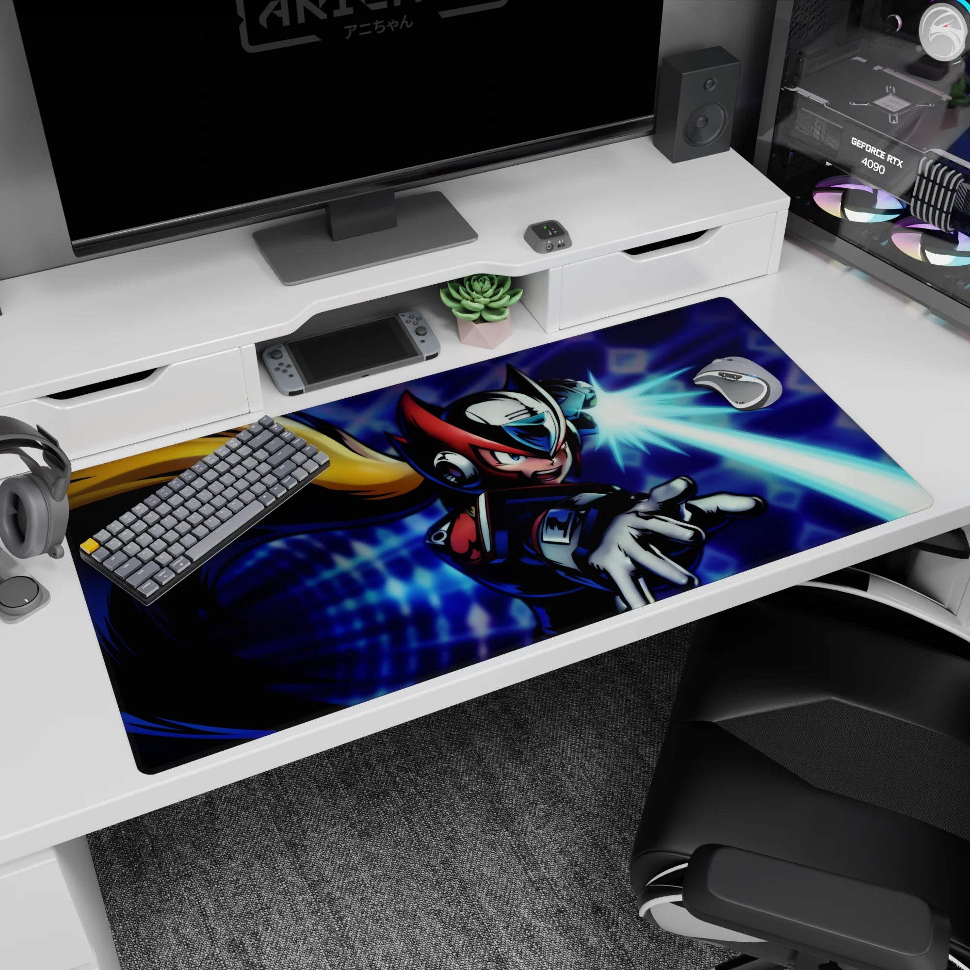 40x20 inches anime desk pad featuring Zero’s blond ponytail and arm cannon firing a cyan beam.