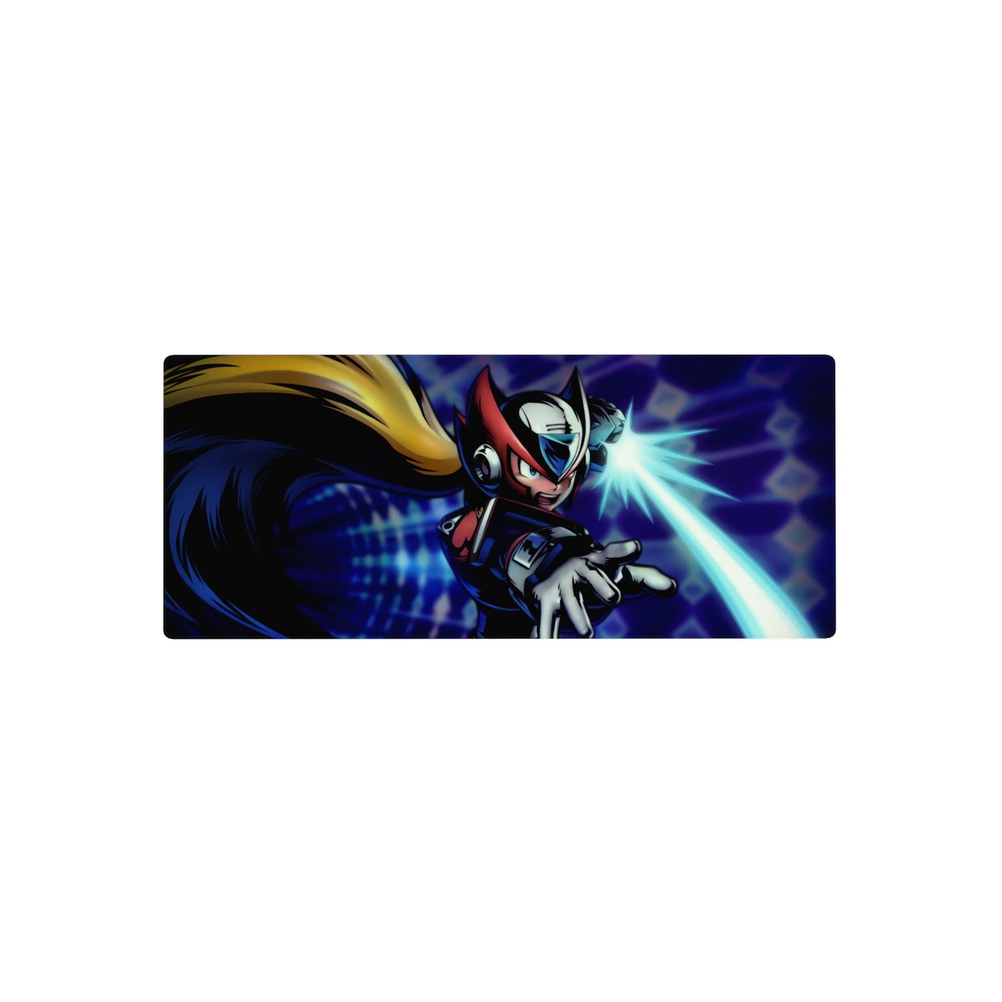 28x12 inches anime mouse pad with Zero in red-black armor dashing on a neon blue tech grid.