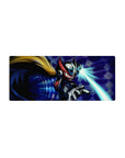 28x12 inches anime mouse pad with Zero in red-black armor dashing on a neon blue tech grid.