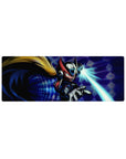 32x12 inches anime mouse pad with Zero in red-black armor on neon blue tech grid, firing a cyan beam.