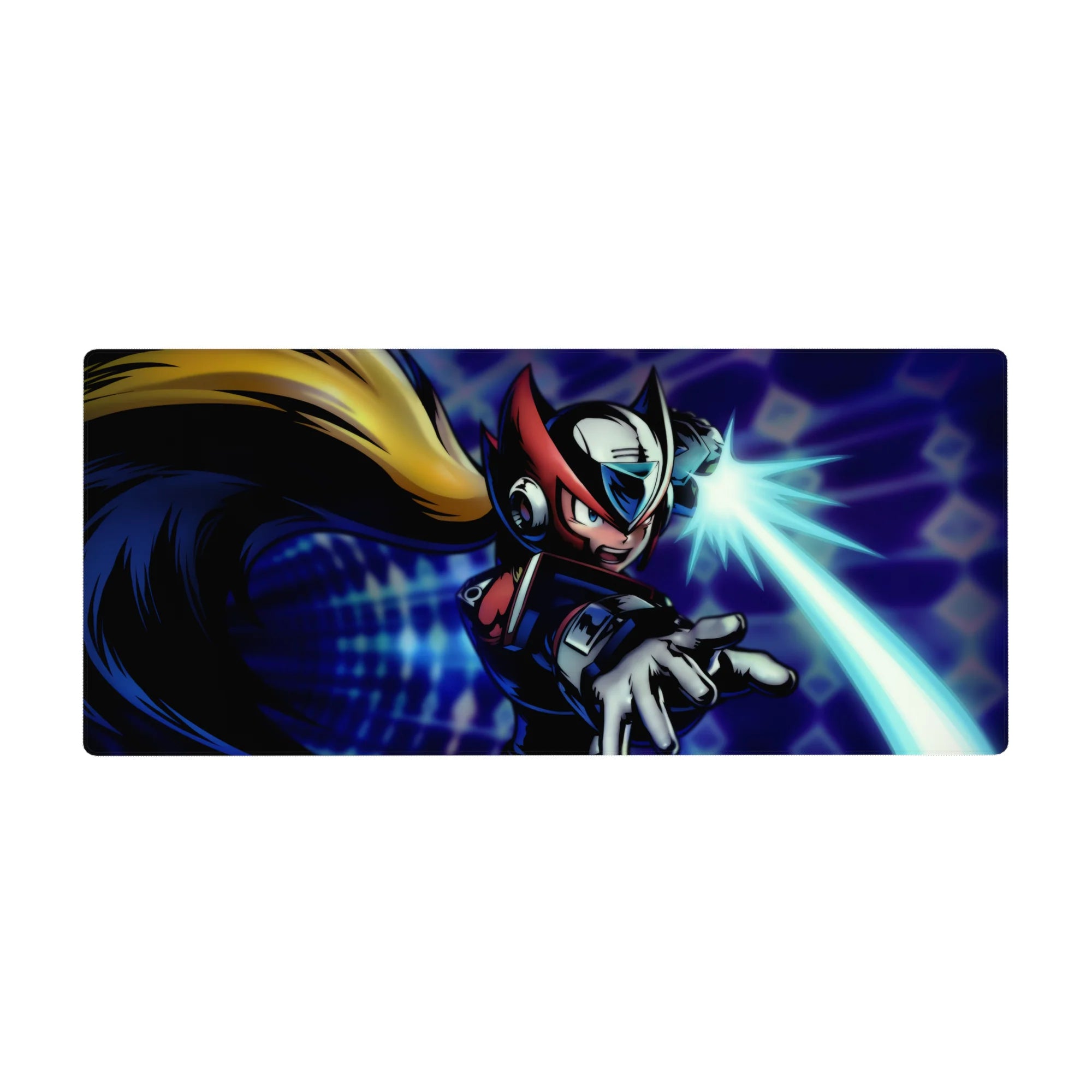 36x16 inches anime desk pad with Zero lunging on neon tech grid, red-black armor and cyan beam.