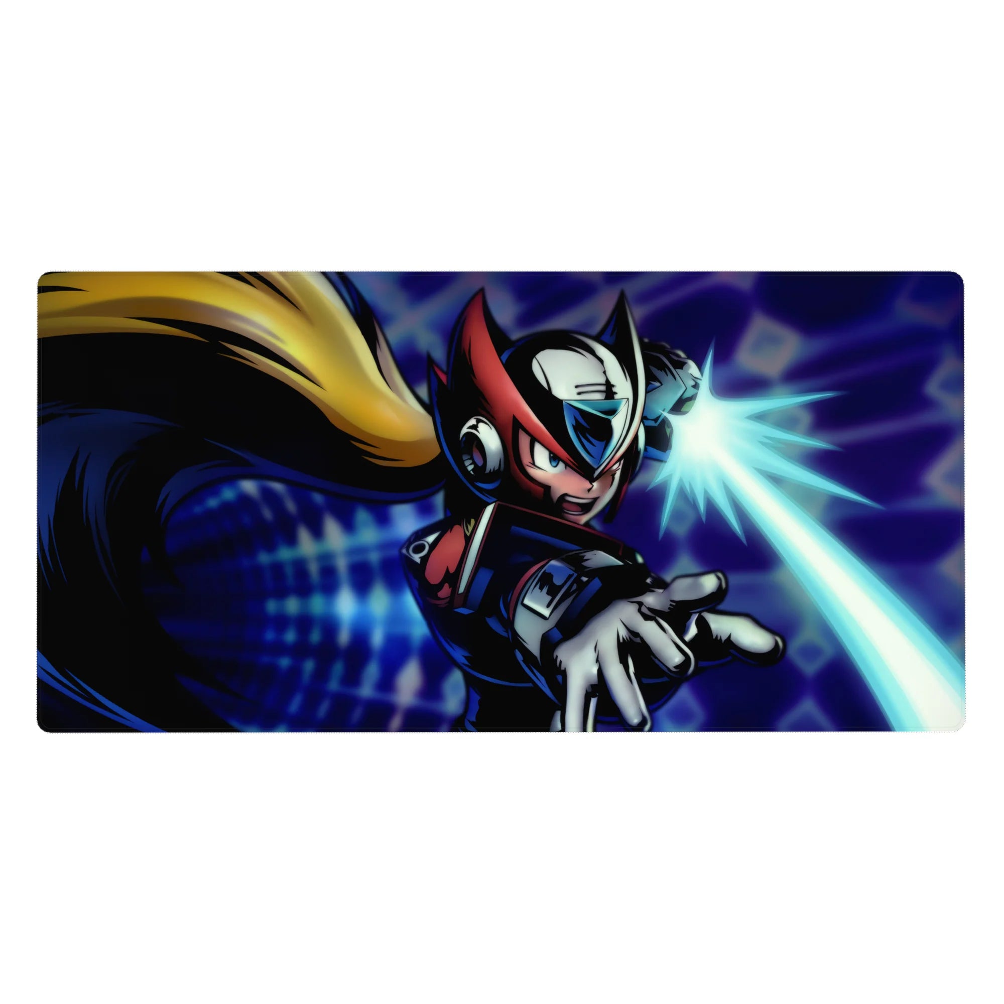 40x20 inches anime desk pad with Zero in red-black armor dashing on a neon blue tech grid.