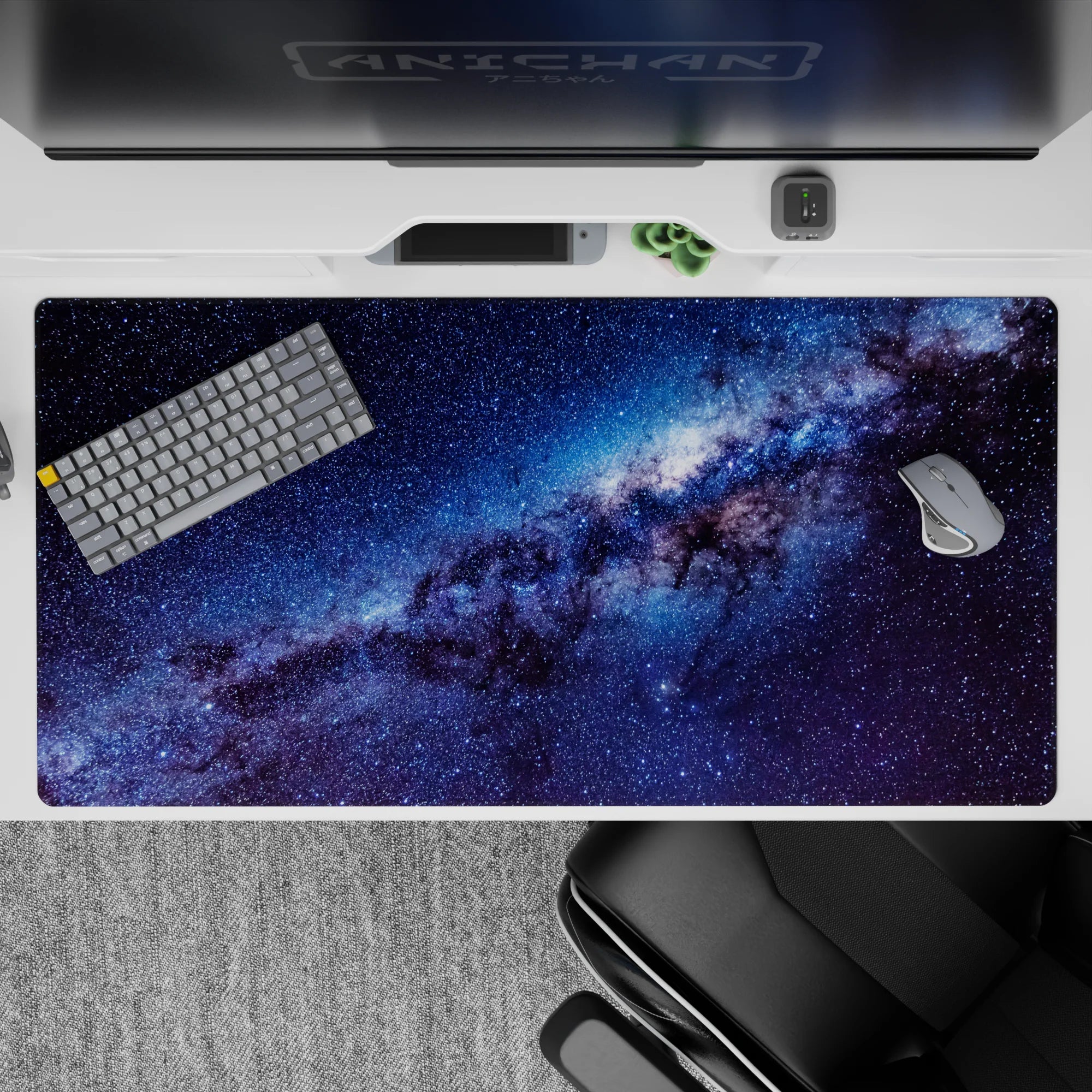 Deep navy and cool blue desk pad 40x20 inches with calm cloud-like swirls, space vibe.