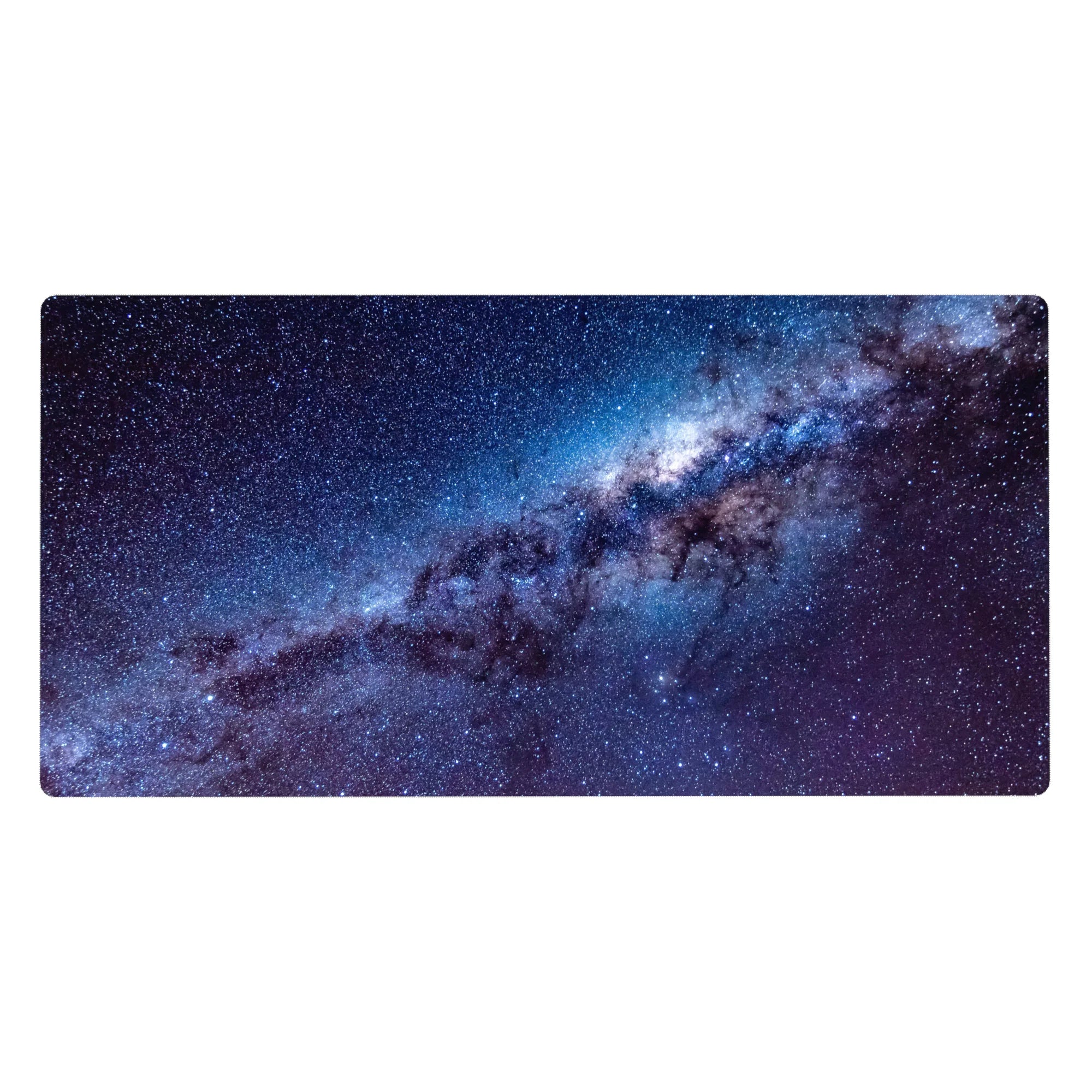 Cosmic night sky desk pad 40x20 inches with glittery stars and misty galaxy ribbon.
